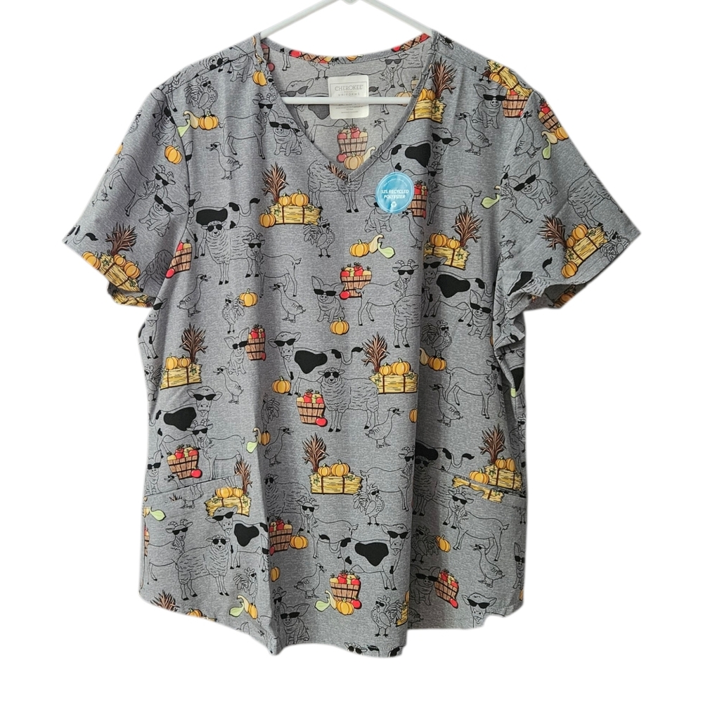 Cherokee Uniforms Women'sFall Scrub Top NEW 2-Pocket V-Neck Size 2X Animal Print